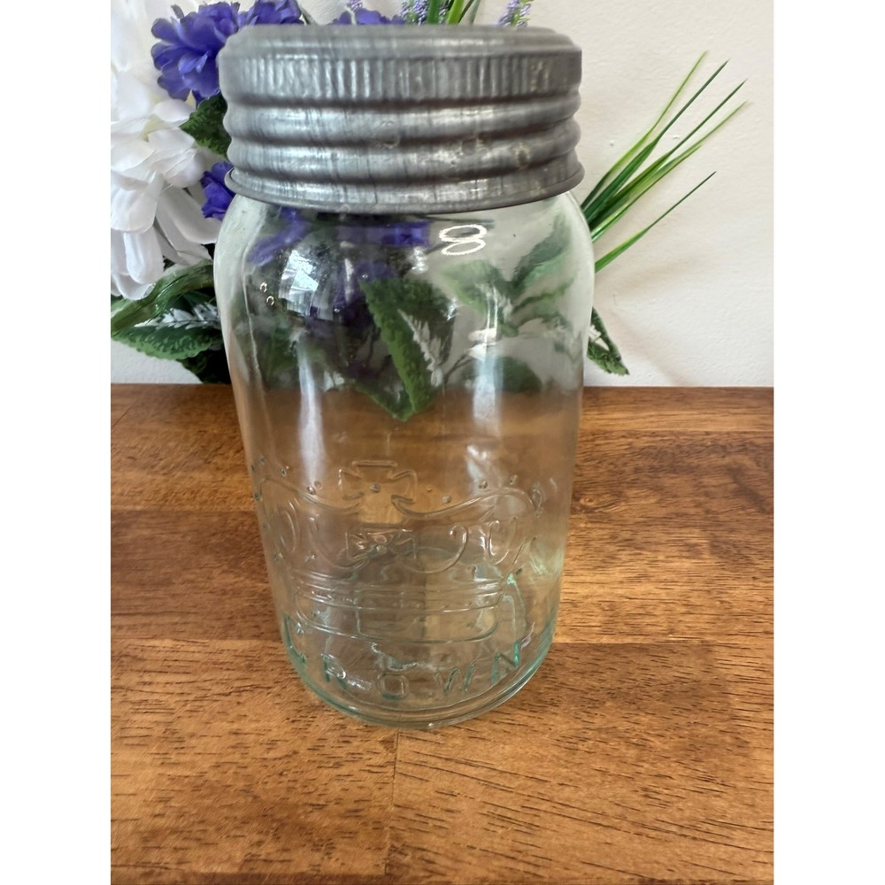 Vintage Crown‎ Mason Jar with Zinc Lid – Canadian Aqua Glass Canning Jar 28 oz